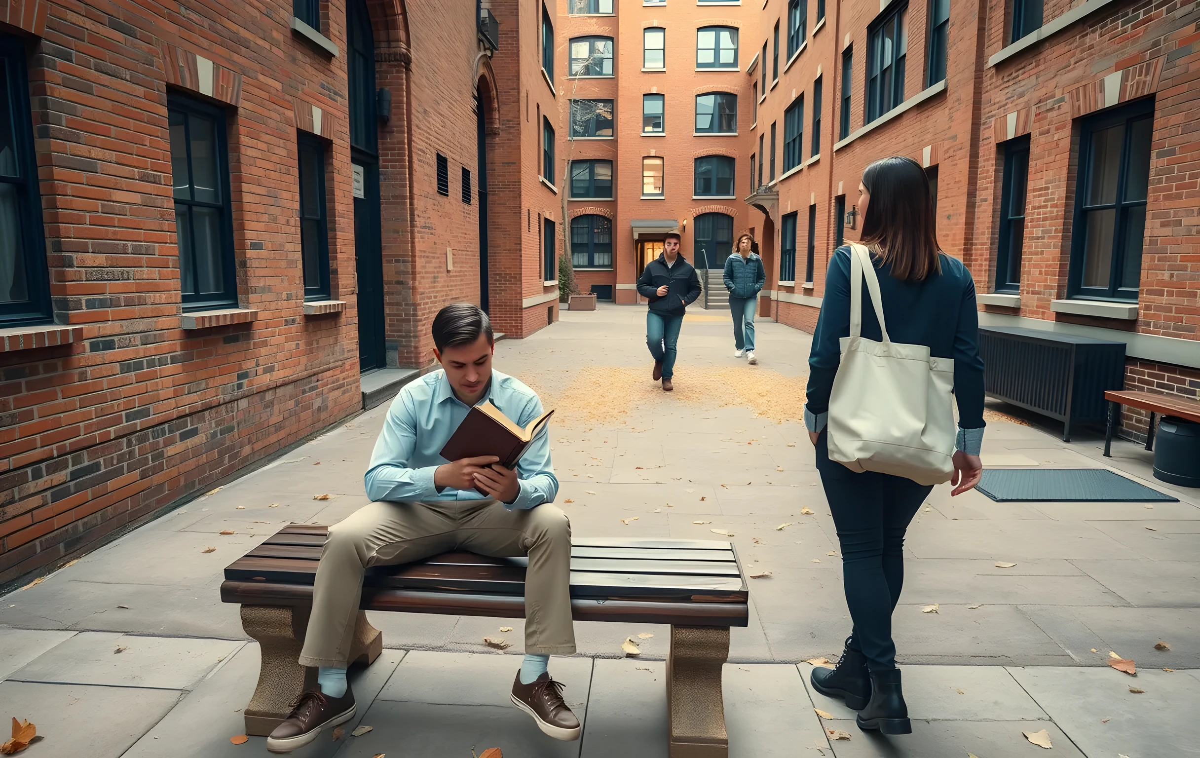 A wide courtyard scene on a crisp autumn afternoon where a college student sits on a stone bench reading a leather-bound journal, while a parent walks toward them carrying a canvas tote bag, both framed by tall brick buildings and falling leaves