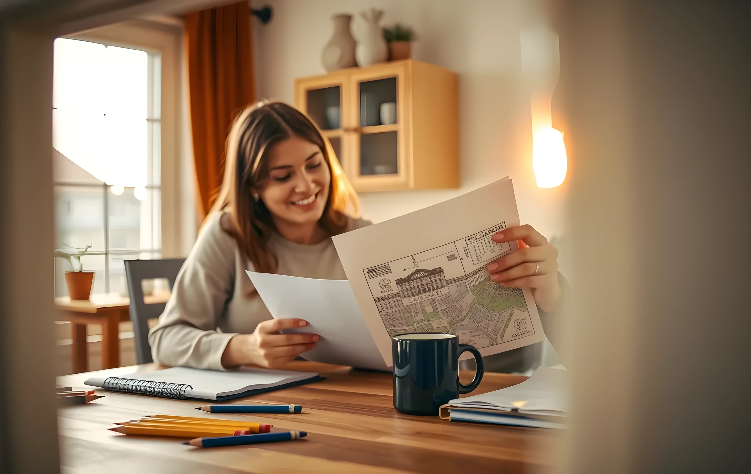 A medium-distance kitchen table scene during golden hour where a teenager sorts through college acceptance folders alongside a parent who is pointing to a folded campus map, surrounded by scattered pencils and a steaming mug, viewed from across the room