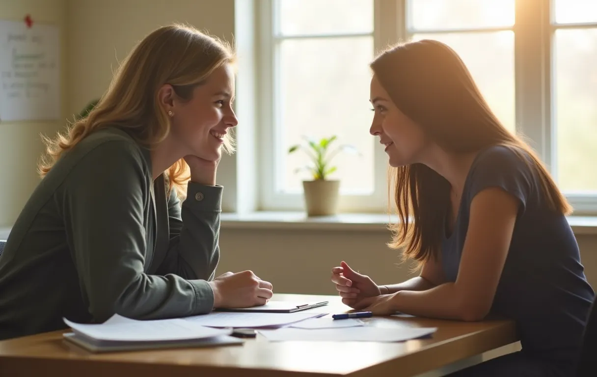 A college student meeting with a disability services advisor in a bright office