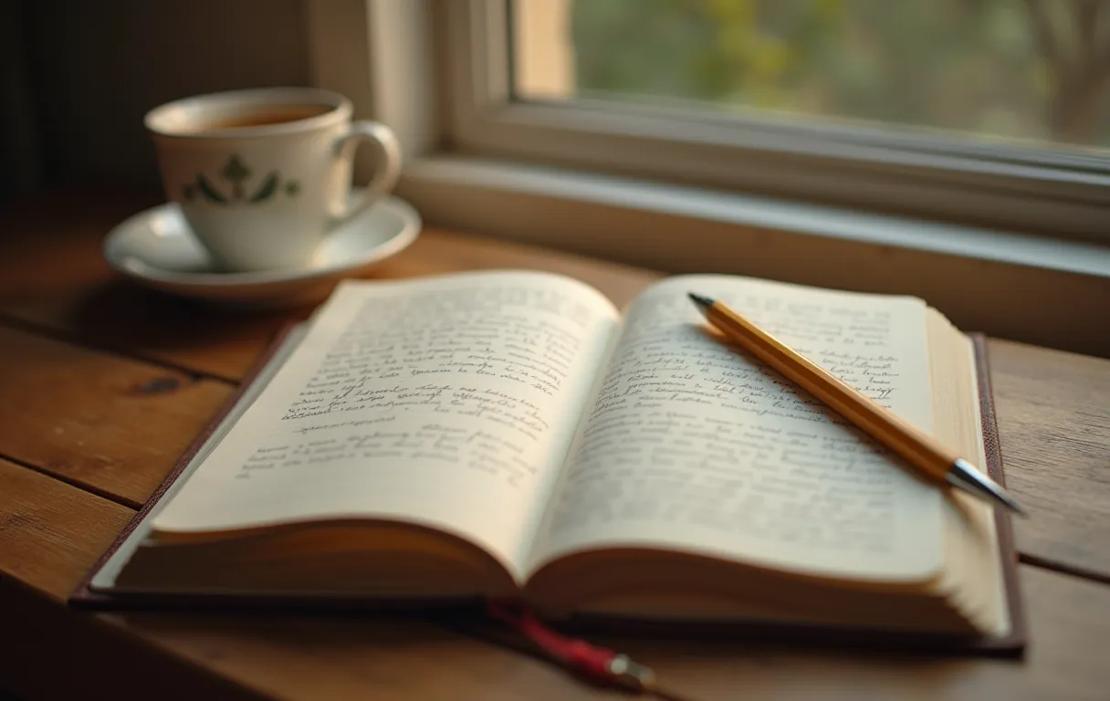 A handwritten personal journal beside a warm mug of tea