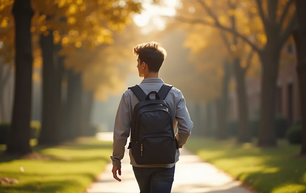 An autistic college student walking confidently on a calm college campus