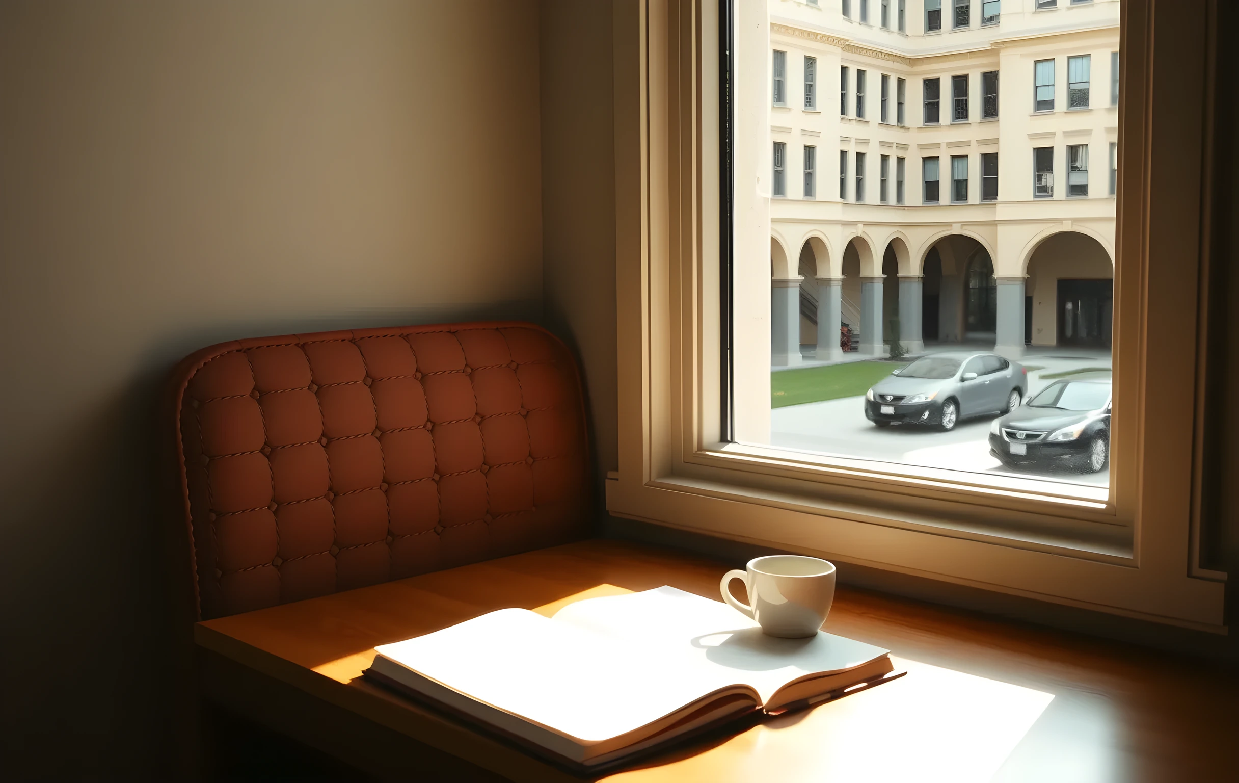 A sunlit university library study carrel with a single open notebook, a ceramic coffee mug, and a window overlooking a quiet courtyard, shot at eye level with natural morning light