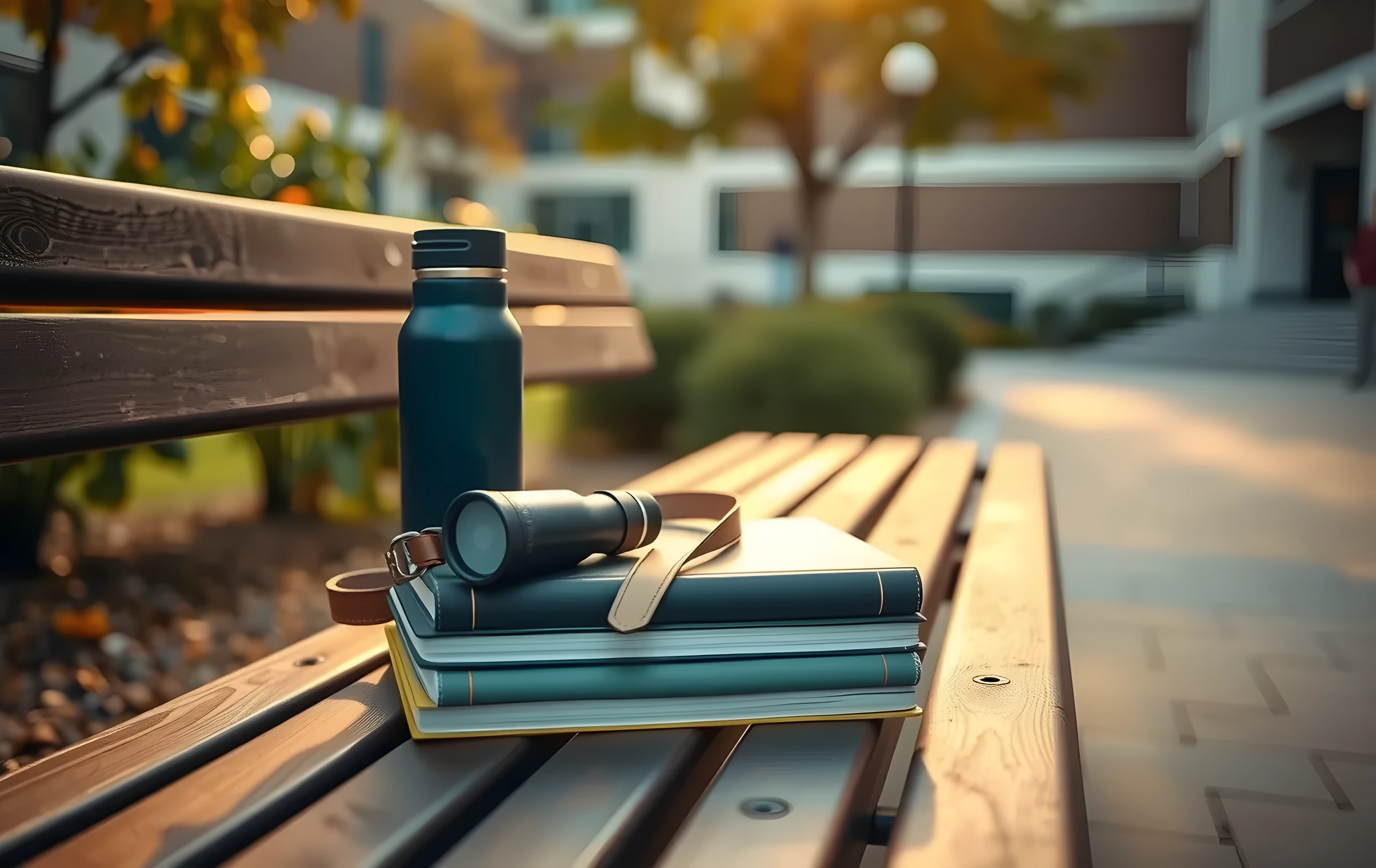 A minimalist campus courtyard bench with a leather satchel, a reusable water bottle, and a stack of academic journals arranged neatly on the seat, captured at golden hour with soft background foliage