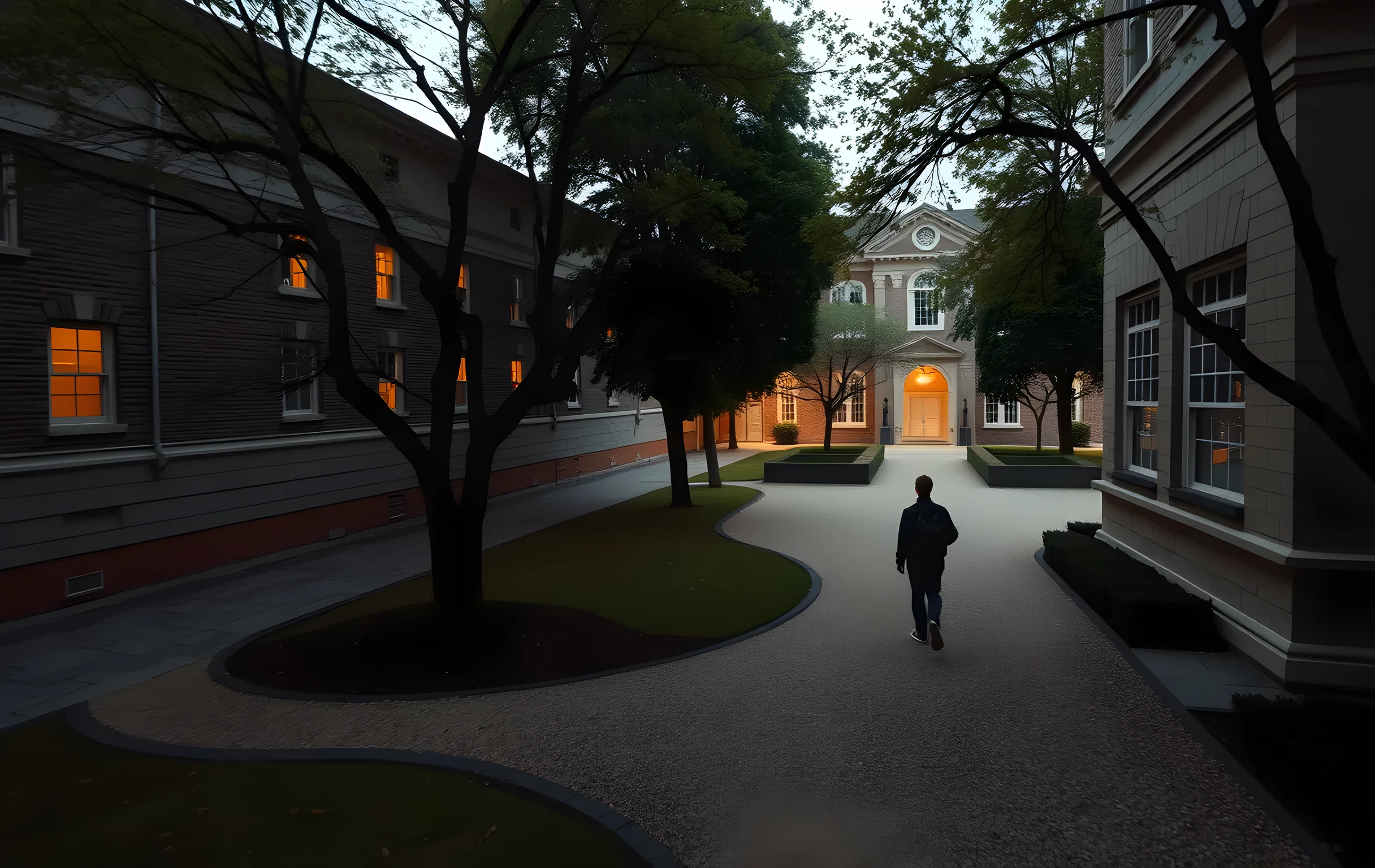 Wide shot of a quiet university courtyard at dusk, stone pathways winding past mature trees, a student walking along a gravel path toward a softly lit library entrance, warm ambient light and distant campus architecture