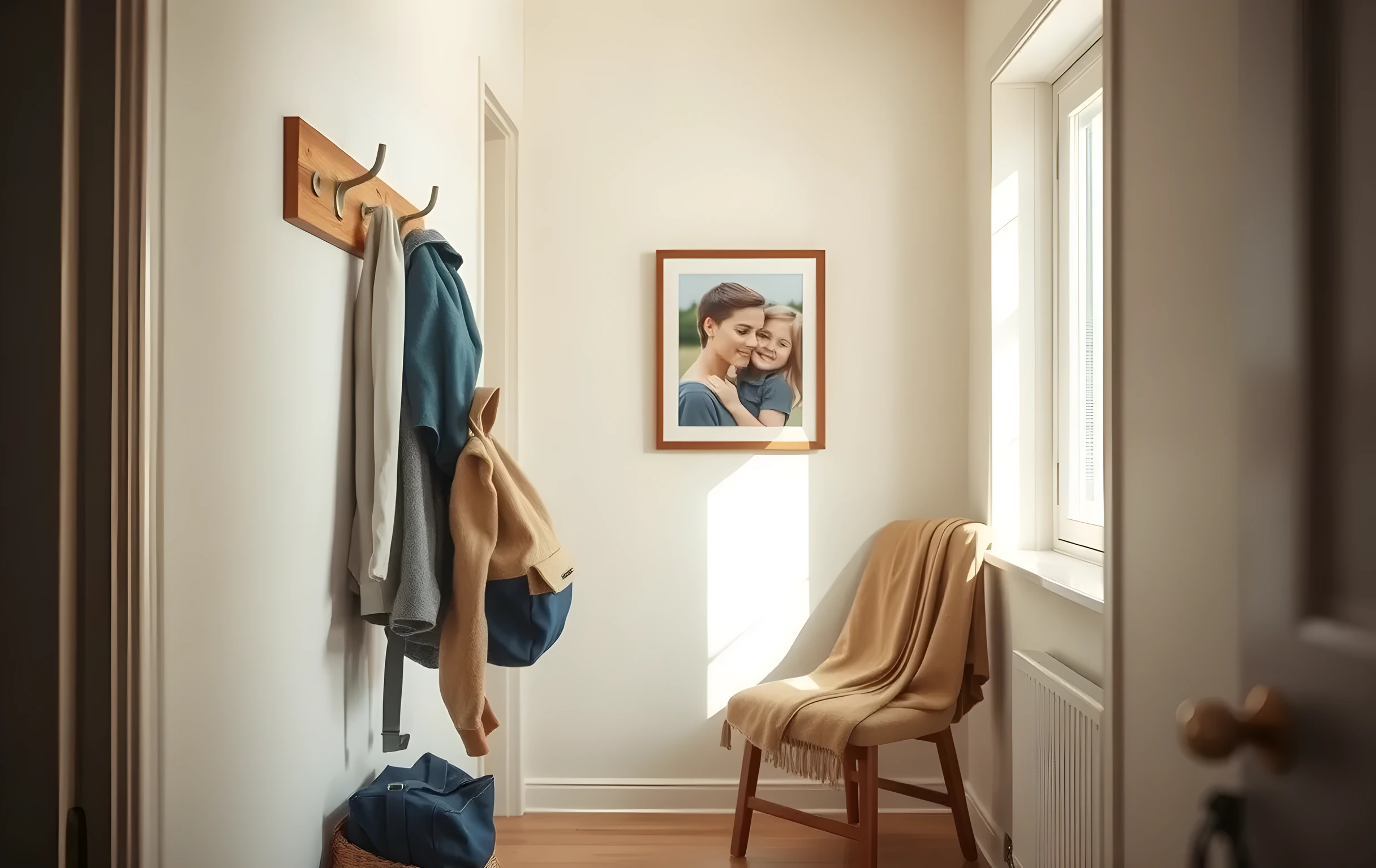 Medium shot of a sunlit home hallway with a wooden coat rack holding a canvas backpack, a framed family portrait hanging at eye level, warm textiles draped over a nearby chair, empty space for quiet reflection