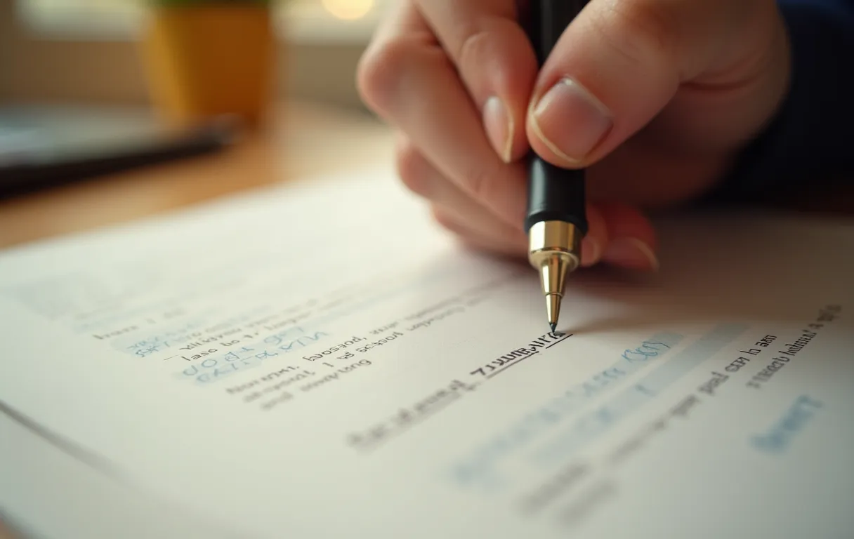 Close-up of a pen making editing marks on a manuscript
