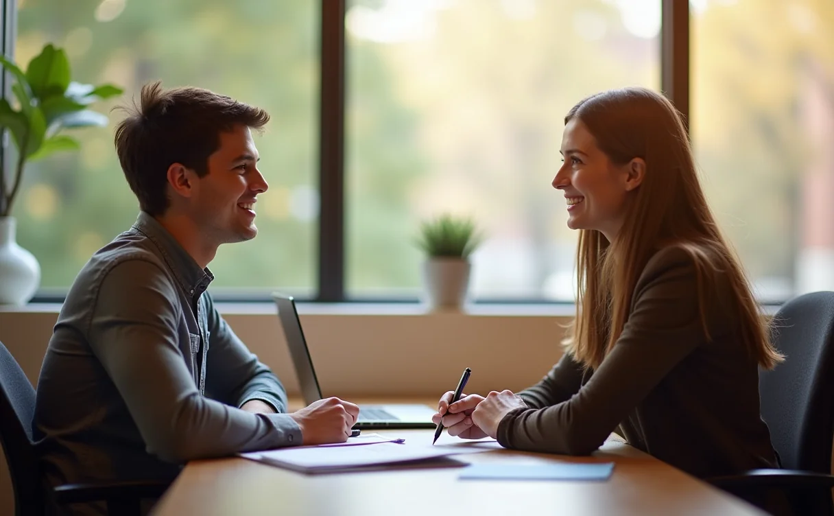 A college student meeting with a disability services advisor in a university office