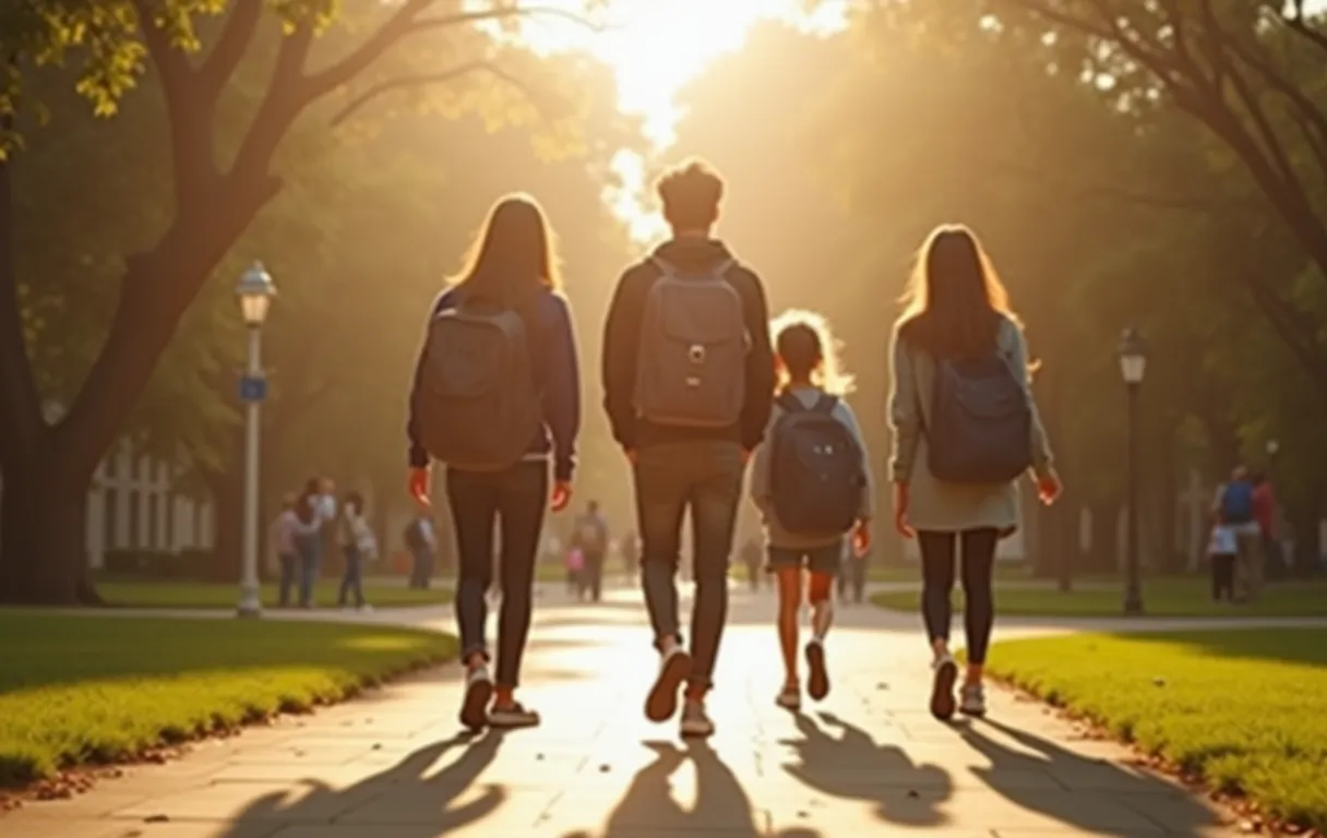 New students walking across a sunny campus during orientation week