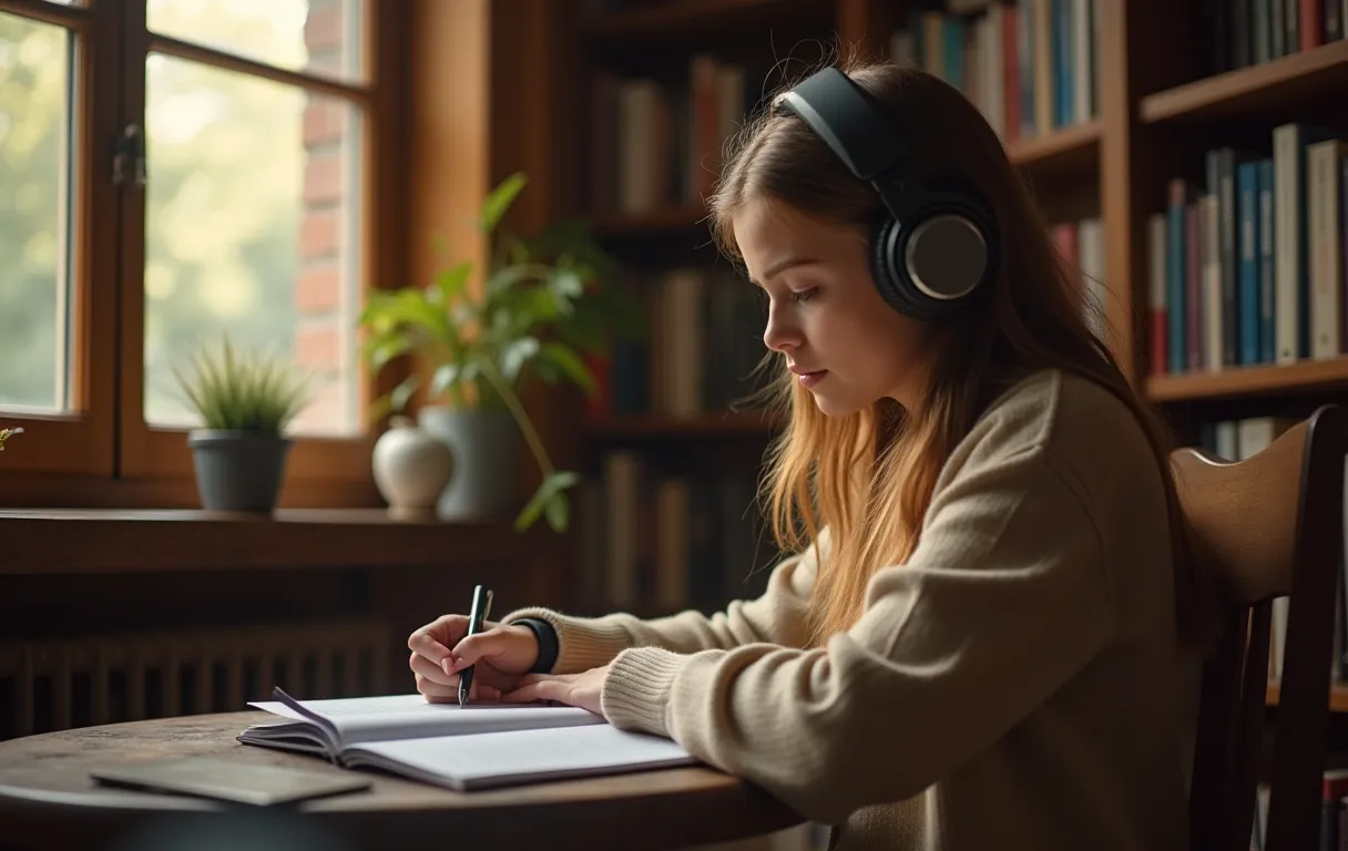 A college student with ADHD studying with headphones in a calm library nook