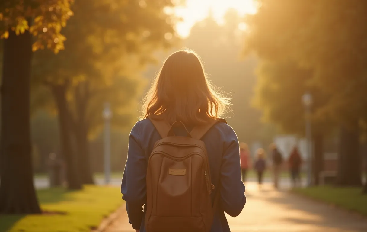 A confident college student walking across campus with a backpack in morning light