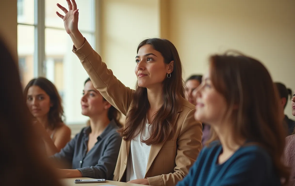 An engaged college student raising a hand in a small bright classroom
