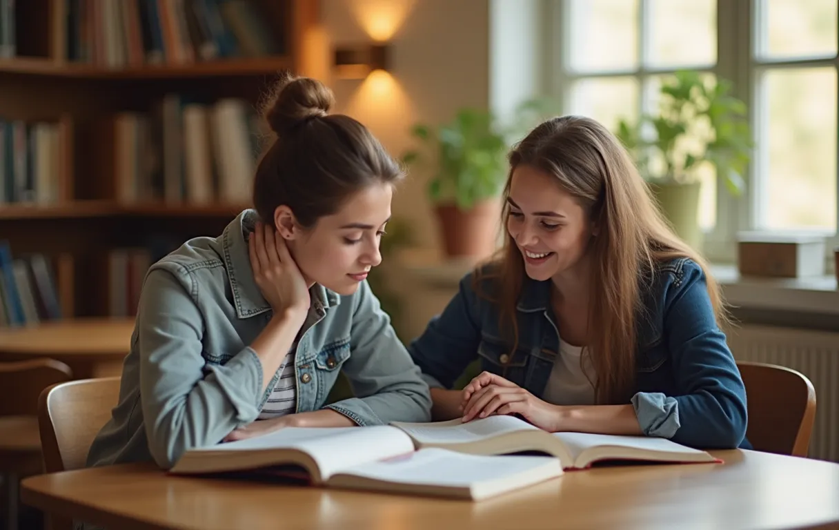 A college student working one-on-one with a supportive tutor at a library table