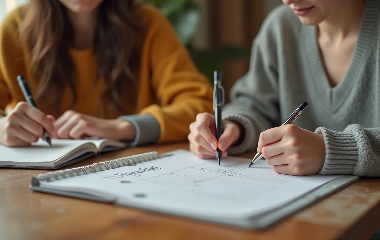 A parent and teenage student working through a college planning checklist at a table