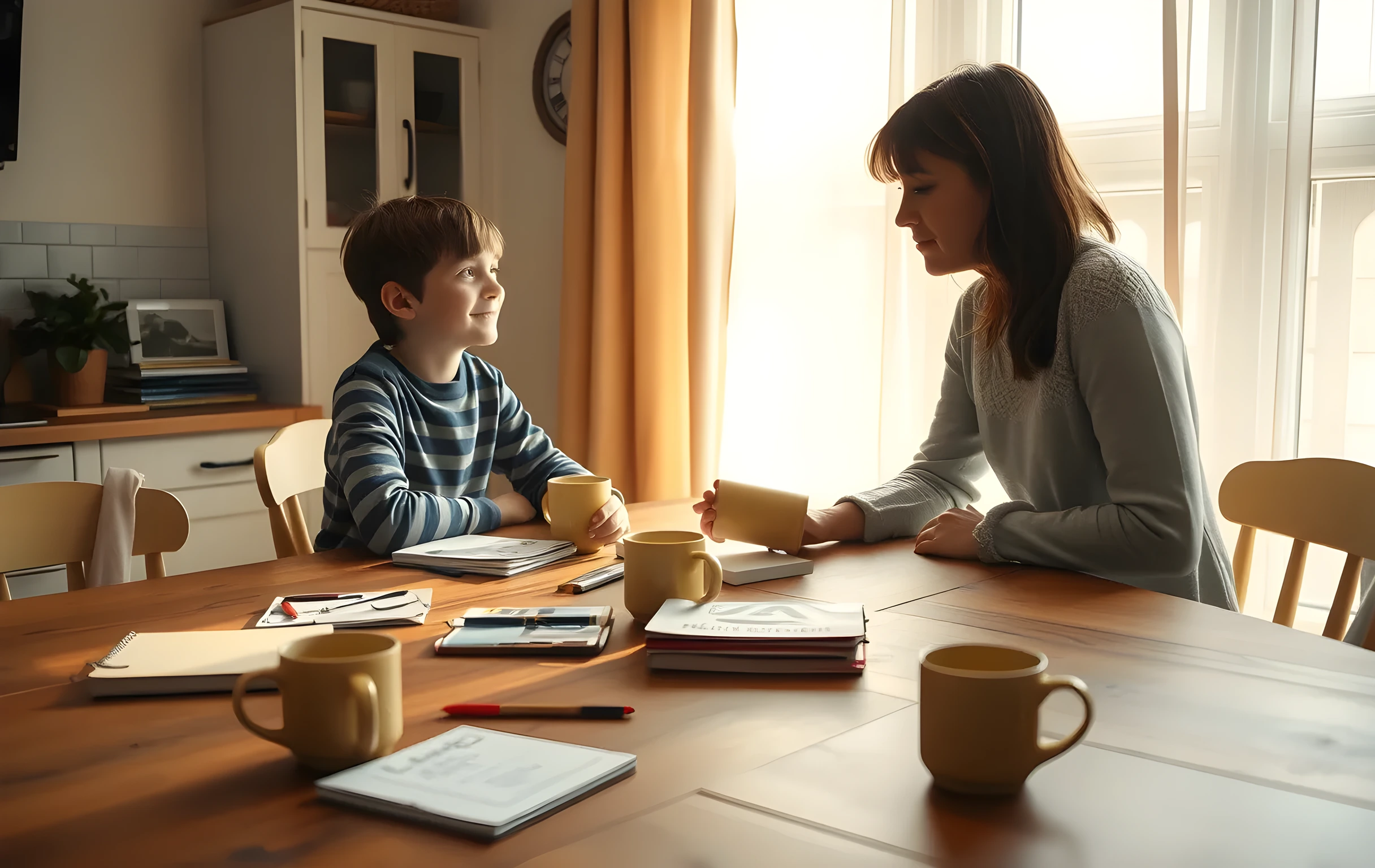 Wide environment scene: Sunlit kitchen table with scattered sketchbooks and half-finished ceramic mugs, a teenager sitting across from a parent who is leaning in to listen, soft morning light filtering through sheer curtains