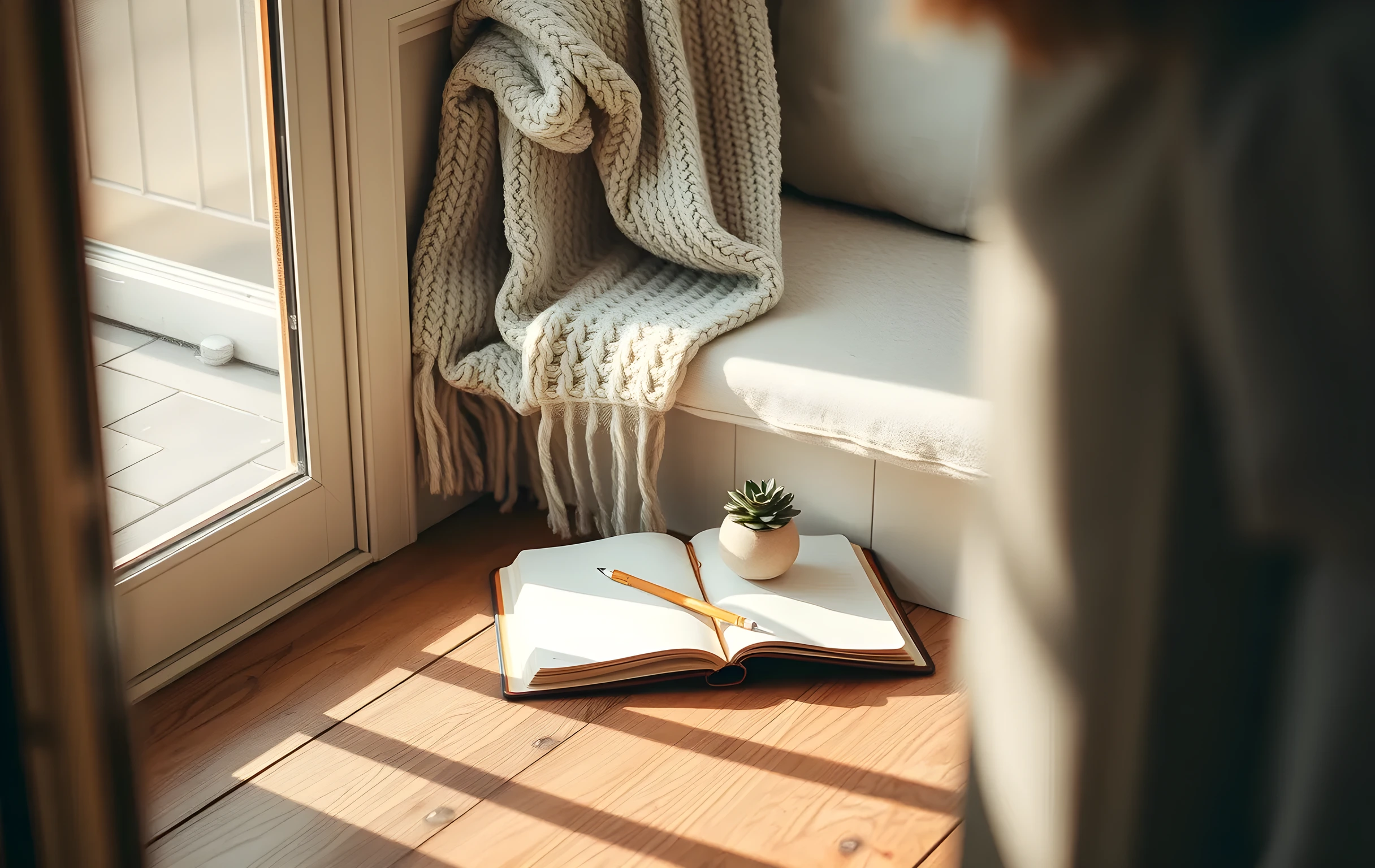 Closer detail scene: A cozy window seat draped with a chunky knit blanket, an open journal resting beside a wooden pencil and a small potted succulent, warm afternoon light casting gentle shadows across the wooden floorboards