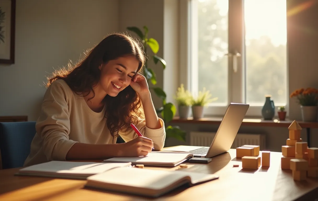 A teenage student sitting at a sunlit wooden desk surrounded by open notebooks, a laptop, and scattered geometric blocks, smiling while reviewing handwritten notes