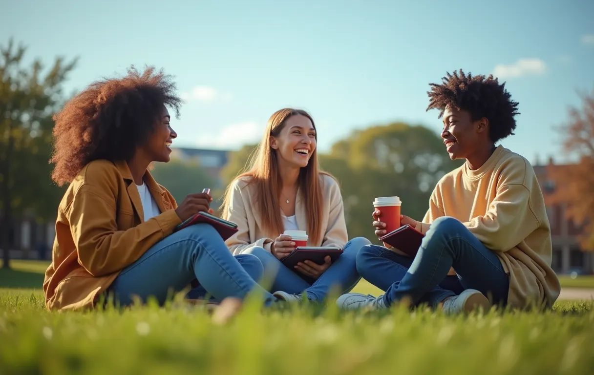 A diverse group of three college students sitting on a grassy campus lawn with binders and coffee cups, engaged in animated conversation under a clear blue sky
