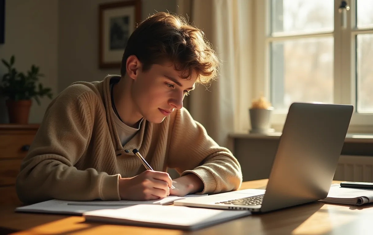 A young adult sitting at a sunlit wooden desk, surrounded by open notebooks and a laptop, pausing to sketch ideas in a margin while soft natural light falls across their focused face