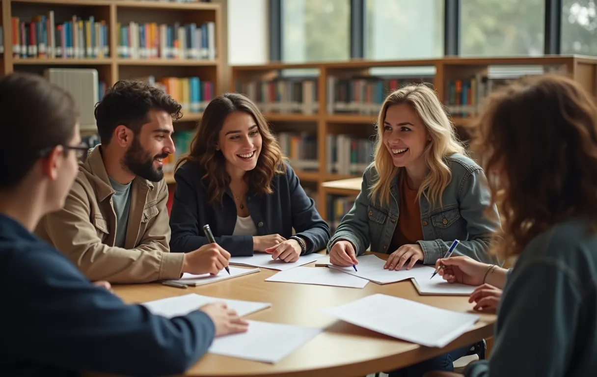 A diverse group of college students collaborating around a circular table in a modern campus library, gesturing toward shared papers with relaxed postures and engaged expressions