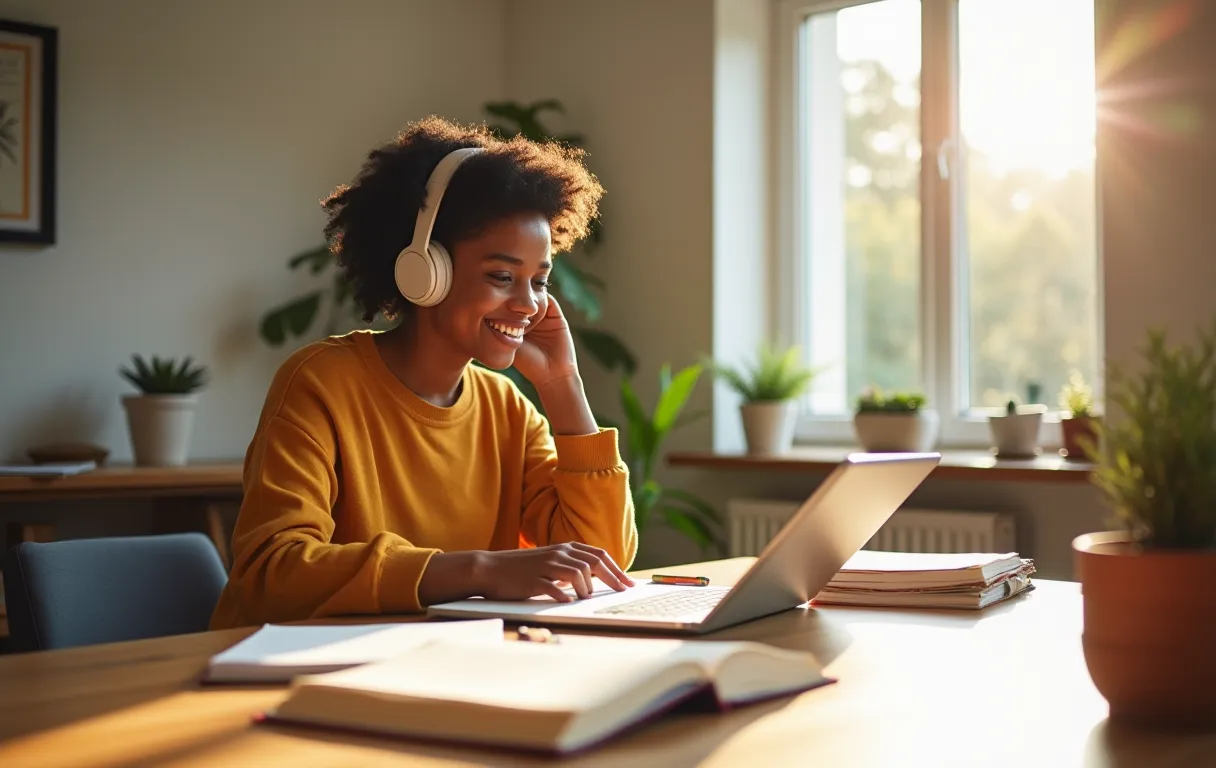 A diverse college student sitting at a sunlit wooden desk surrounded by open notebooks, a tablet, and a few potted succulents, wearing noise-canceling headphones and smiling while reviewing highlighted text