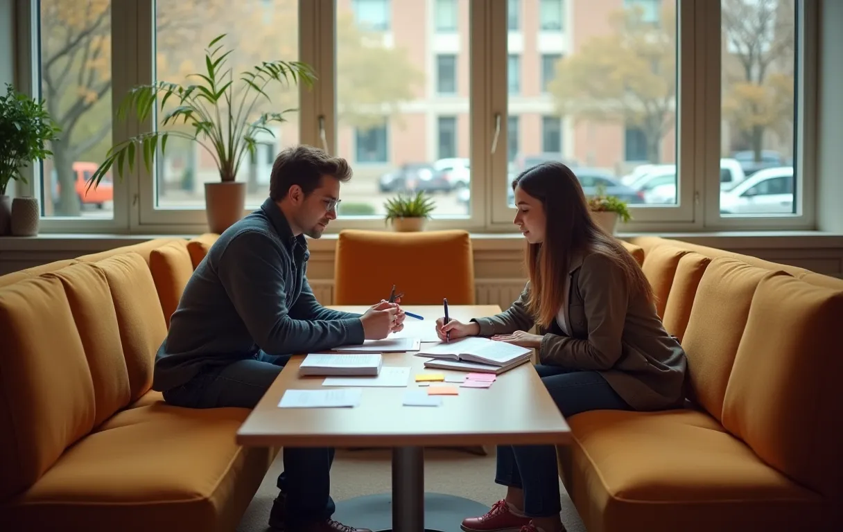 A quiet campus study lounge with large windows, soft natural light, and comfortable seating arranged in small clusters, with two students collaborating over printed outlines and colorful sticky notes