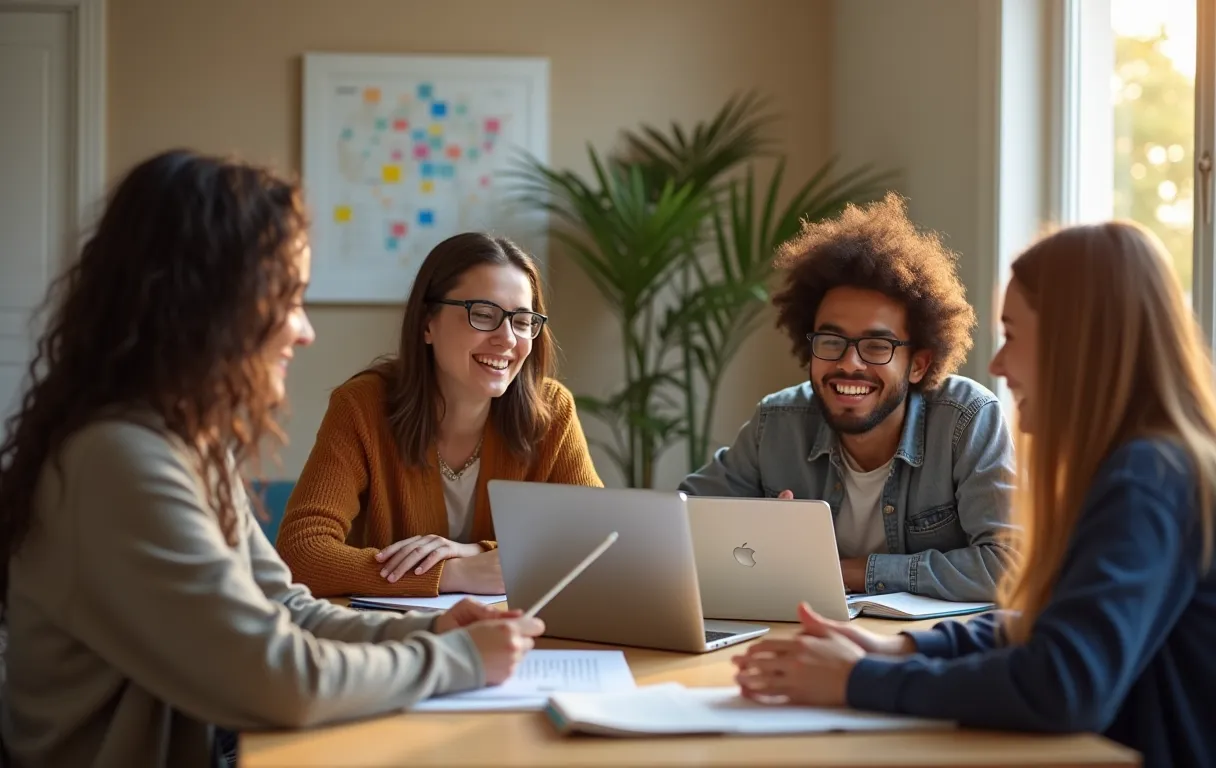 A diverse group of college students collaborating around a table
