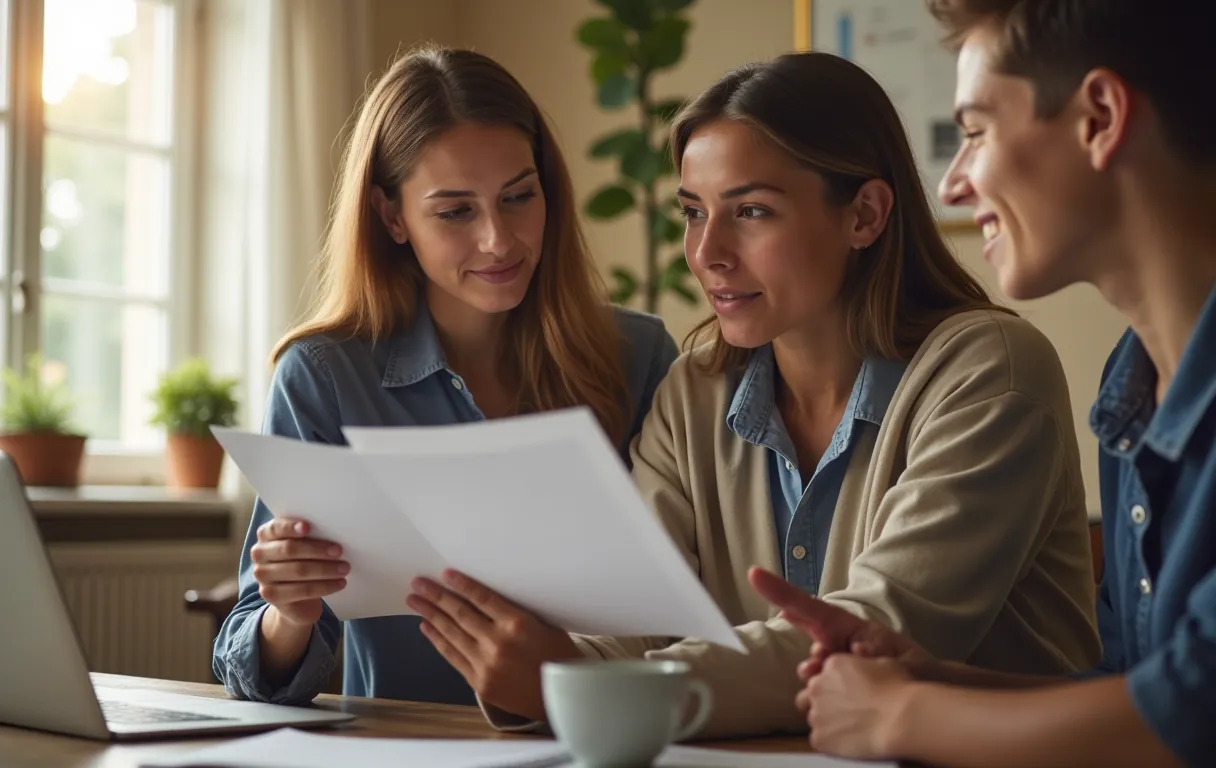 An educational consultant walking a family through a services folder in a warm office
