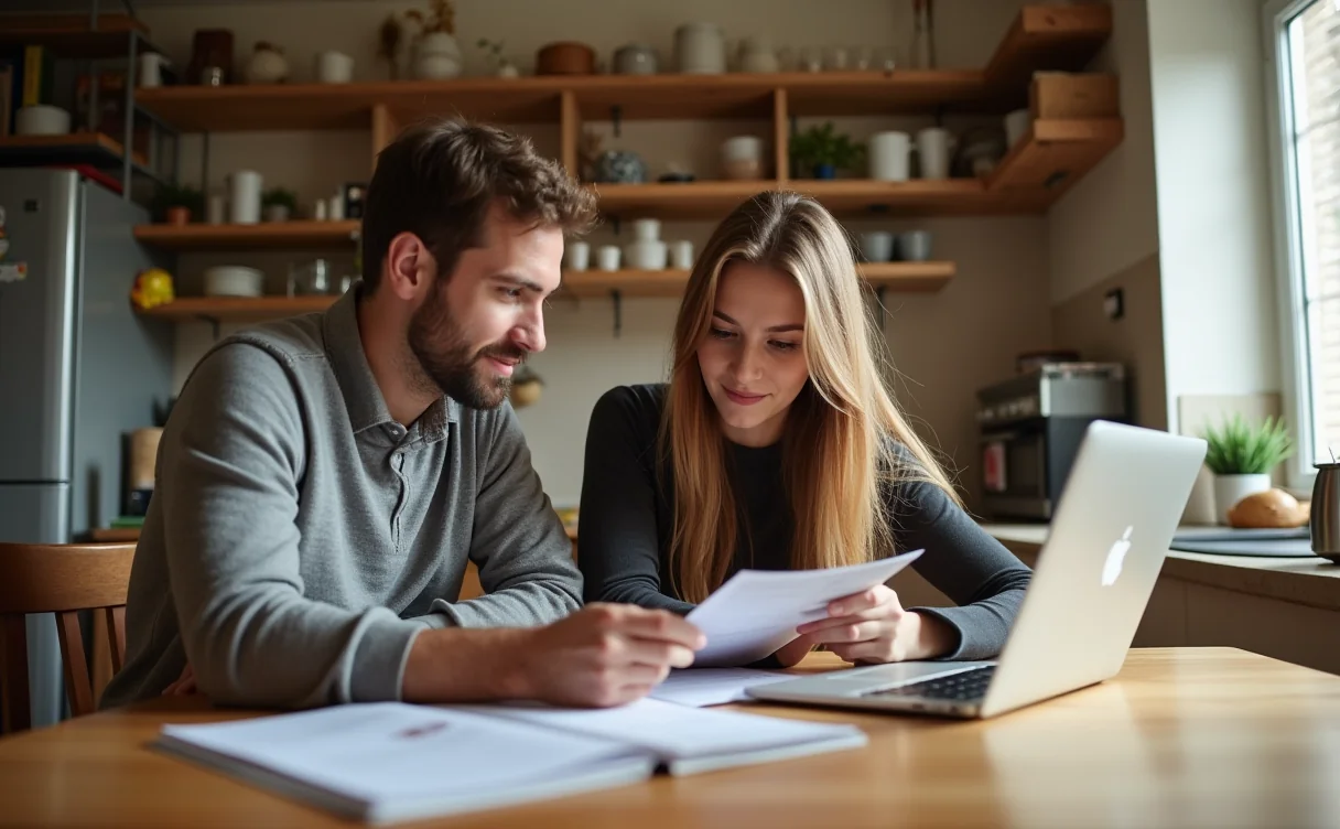 A parent and teenager reviewing college options together at a kitchen table