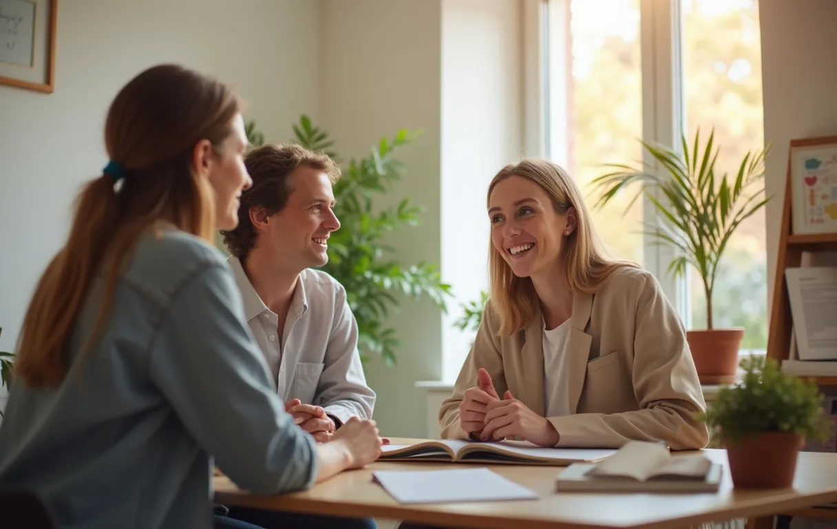 A family meeting with a college consultant in a bright home office