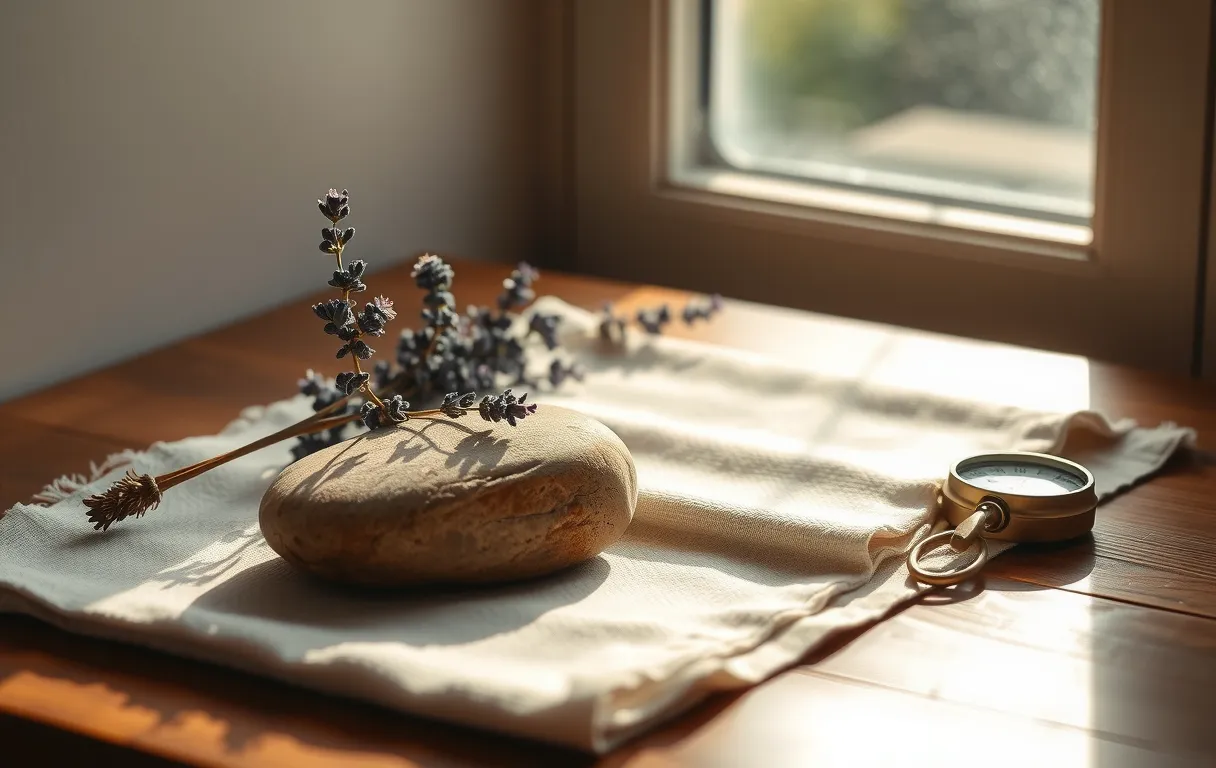 A sunlit wooden desk holds a smooth river stone resting beside a sprig of dried lavender and a brass compass, all arranged on a textured linen cloth in soft morning light