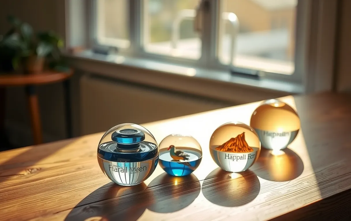 A collection of layered glass paperweights sits on a weathered oak table, catching warm afternoon rays that cast gentle amber reflections across the polished surfaces