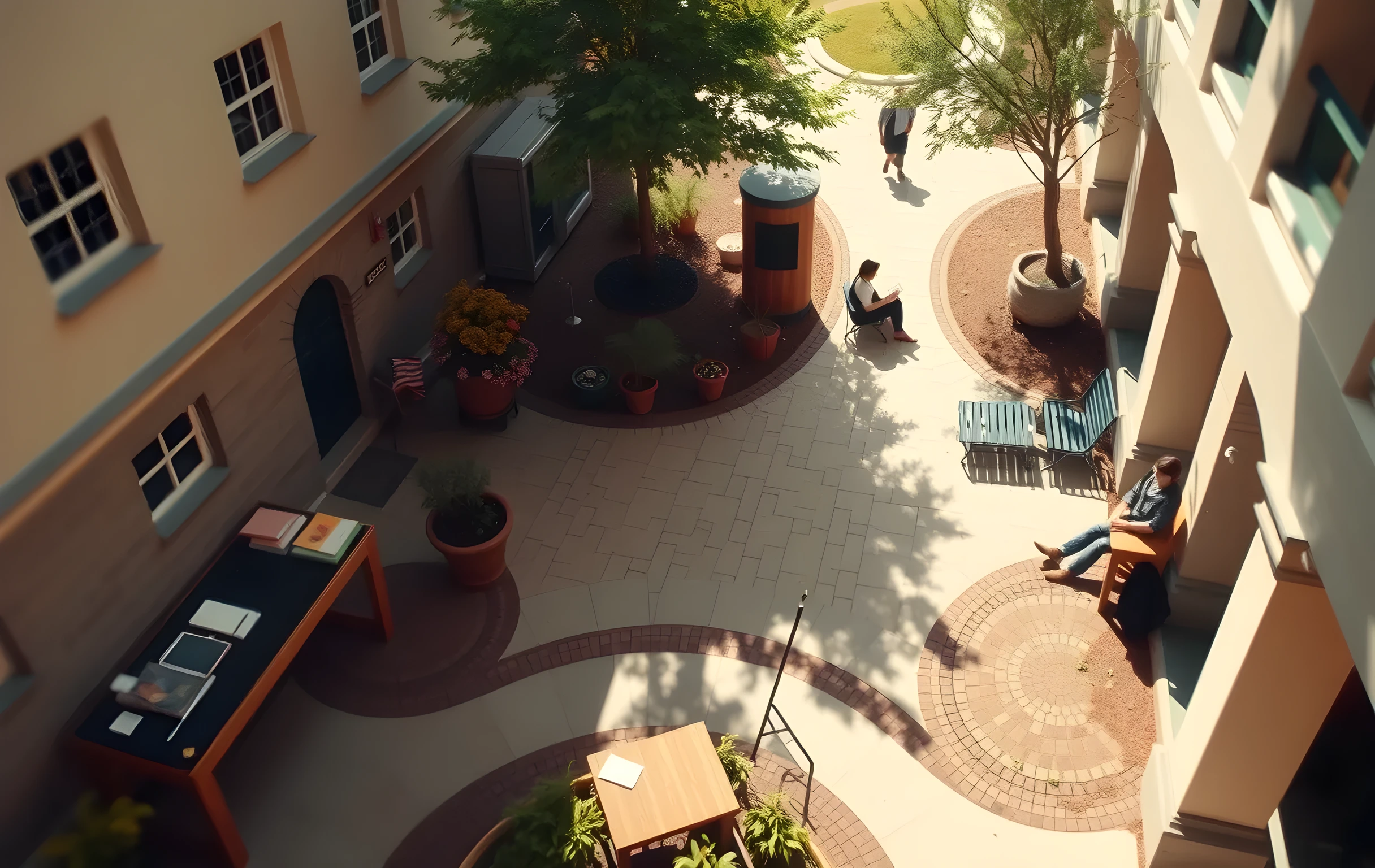 A sunlit campus courtyard with winding stone paths and scattered wooden benches. A few students sit at a distance, reading notebooks and sharing quiet conversations while potted plants frame the walkways