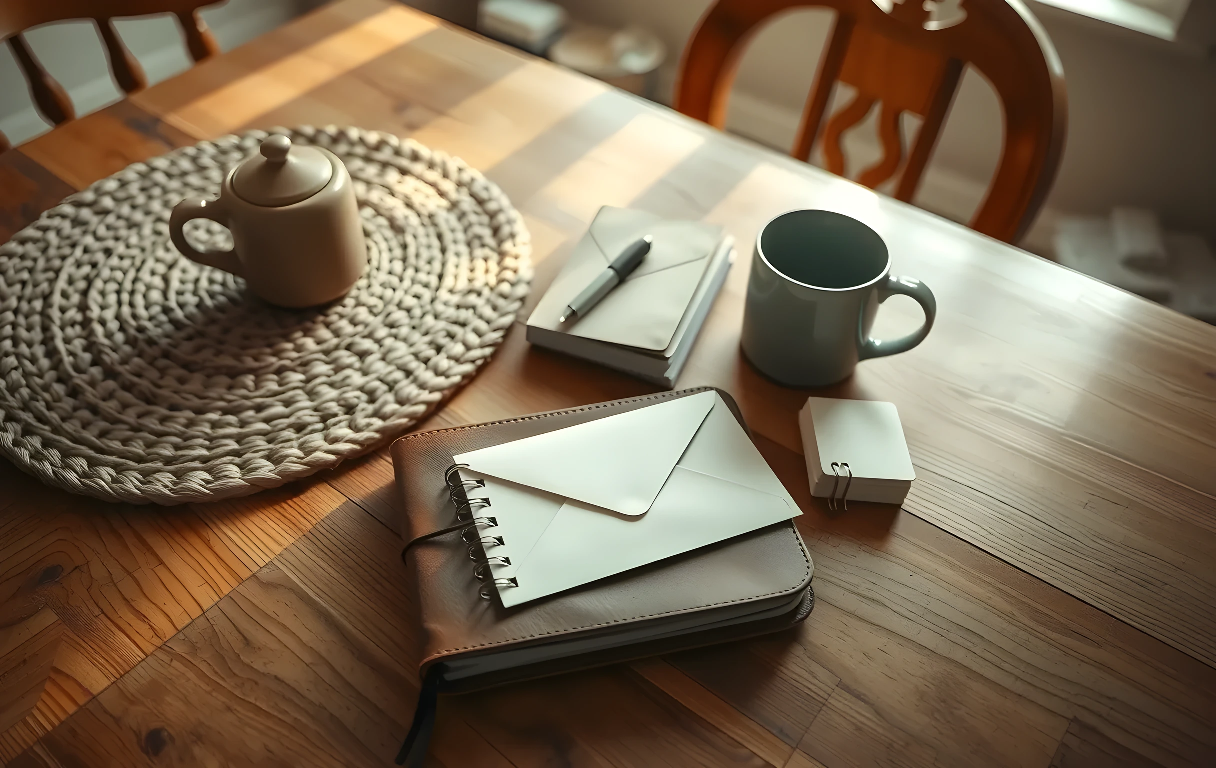 A cozy kitchen table draped with a woven placemat, holding a worn leather journal, a half-unsealed envelope, and a ceramic mug resting near a stack of index cards. Warm afternoon light spills across the wood grain