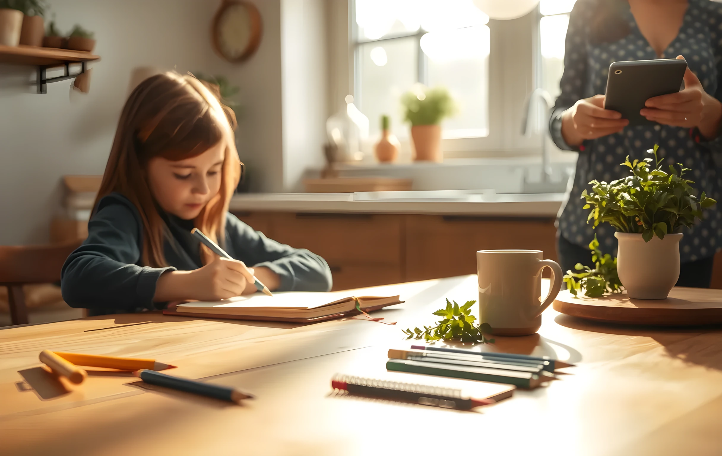 A sunlit kitchen table in a cozy home office, where a student sits at a medium distance sketching in a leather journal while a parent stands nearby arranging fresh herbs on a wooden cutting board. Soft morning light spills across scattered pencils and a ceramic mug, creating a calm, unhurried atmosphere