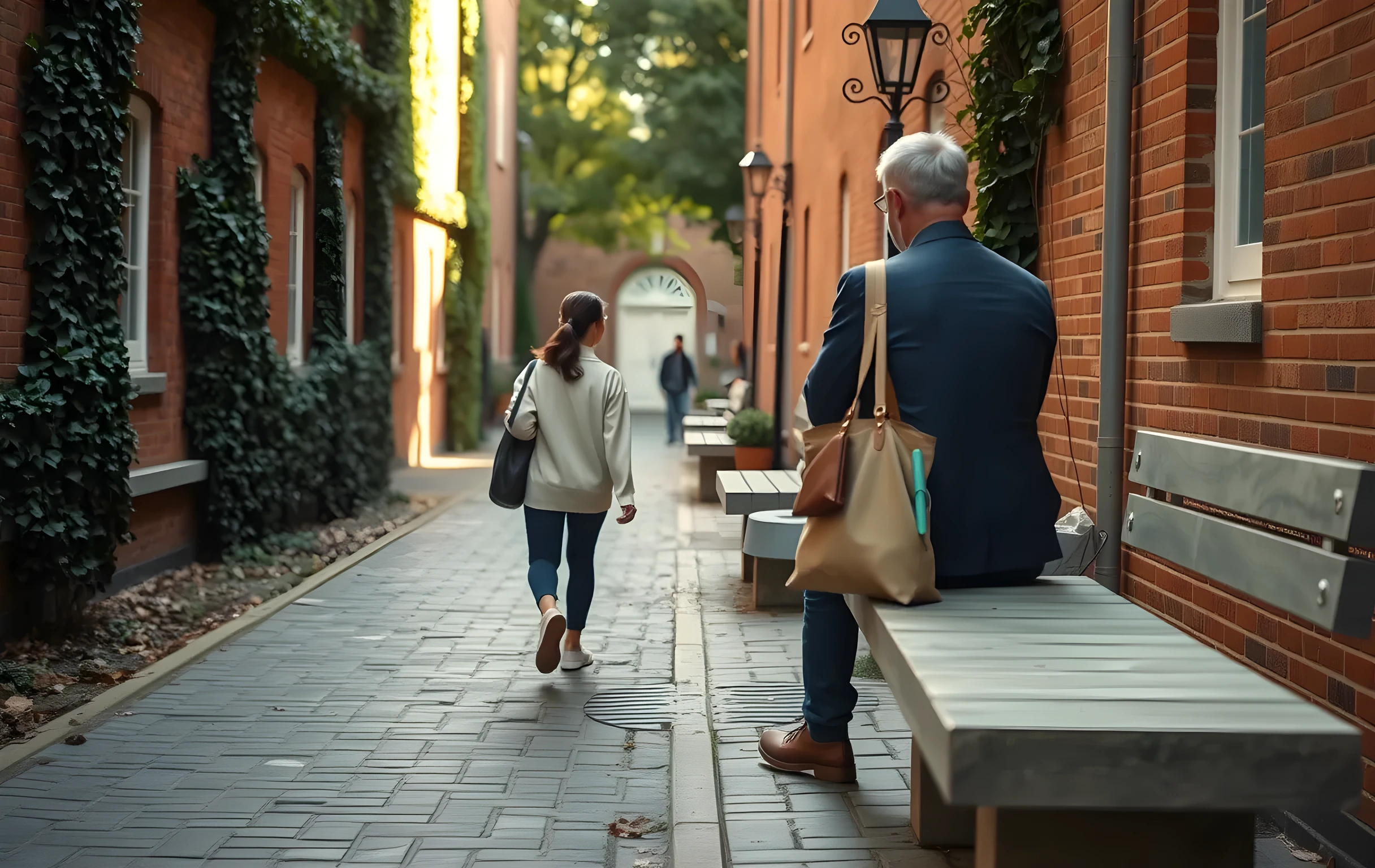 A narrow campus courtyard path lined with ivy-covered brick walls, where a student walks away at a far distance carrying a canvas tote bag and a worn notebook, while a parent watches from a stone bench in the mid-ground. Late afternoon shadows stretch across the cobblestones, emphasizing quiet reflection and steady progress