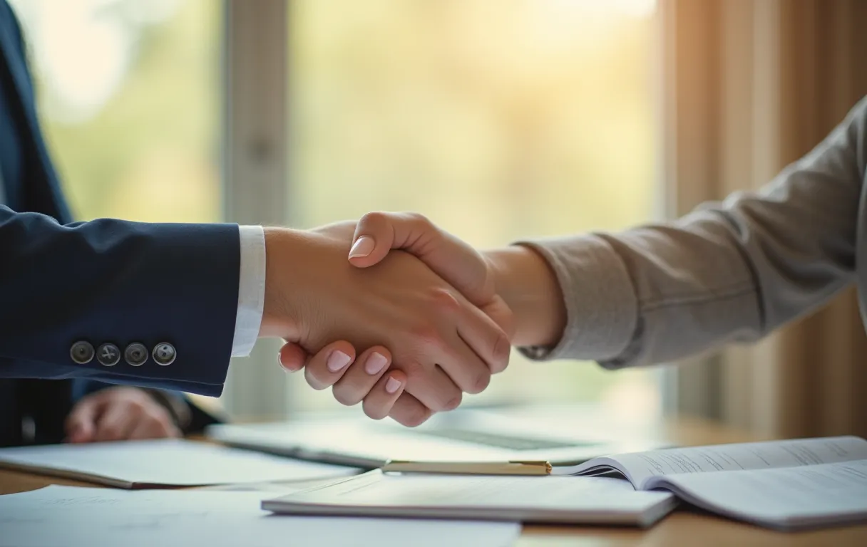 A warm handshake between a parent and an educational consultant in an office