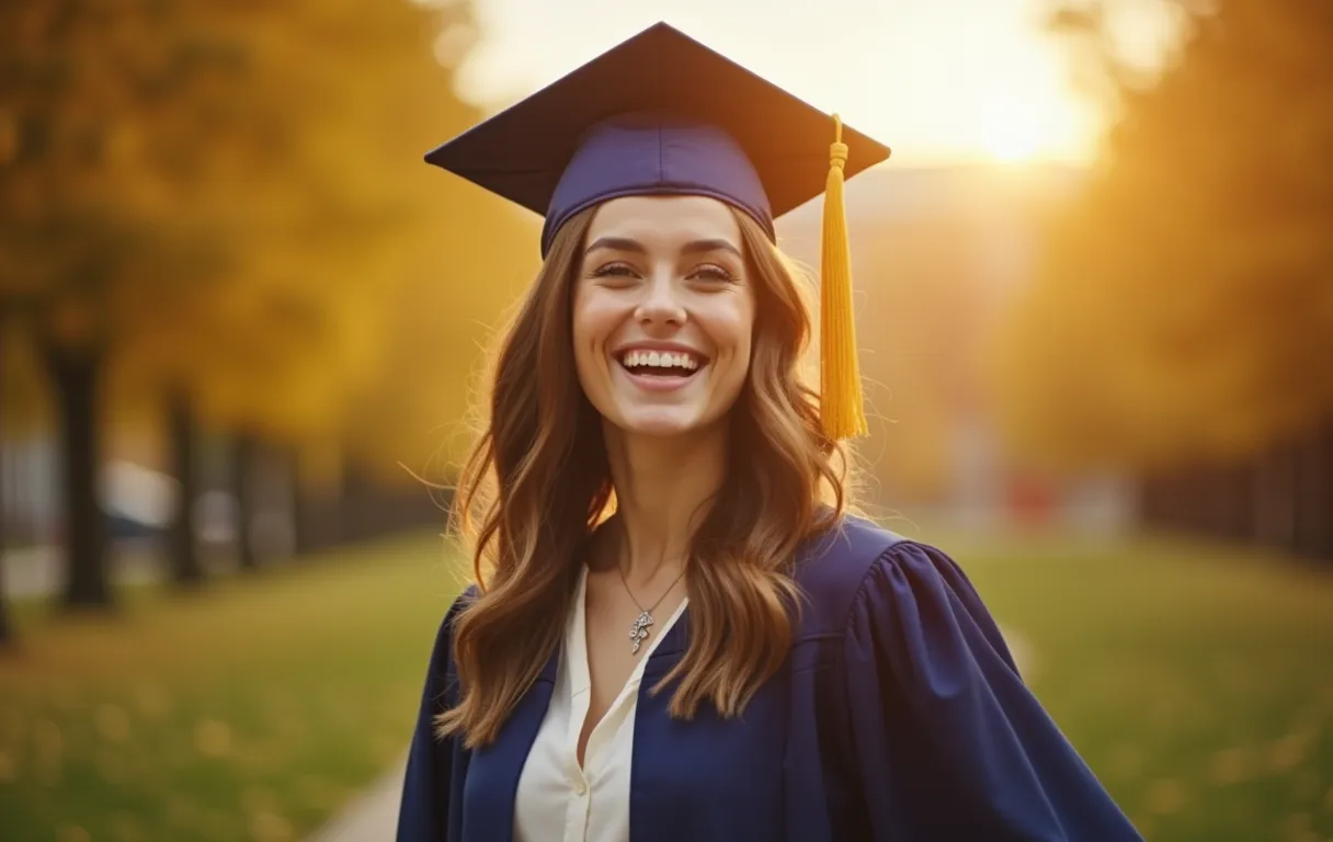 A joyful college graduate in cap and gown outdoors in golden light