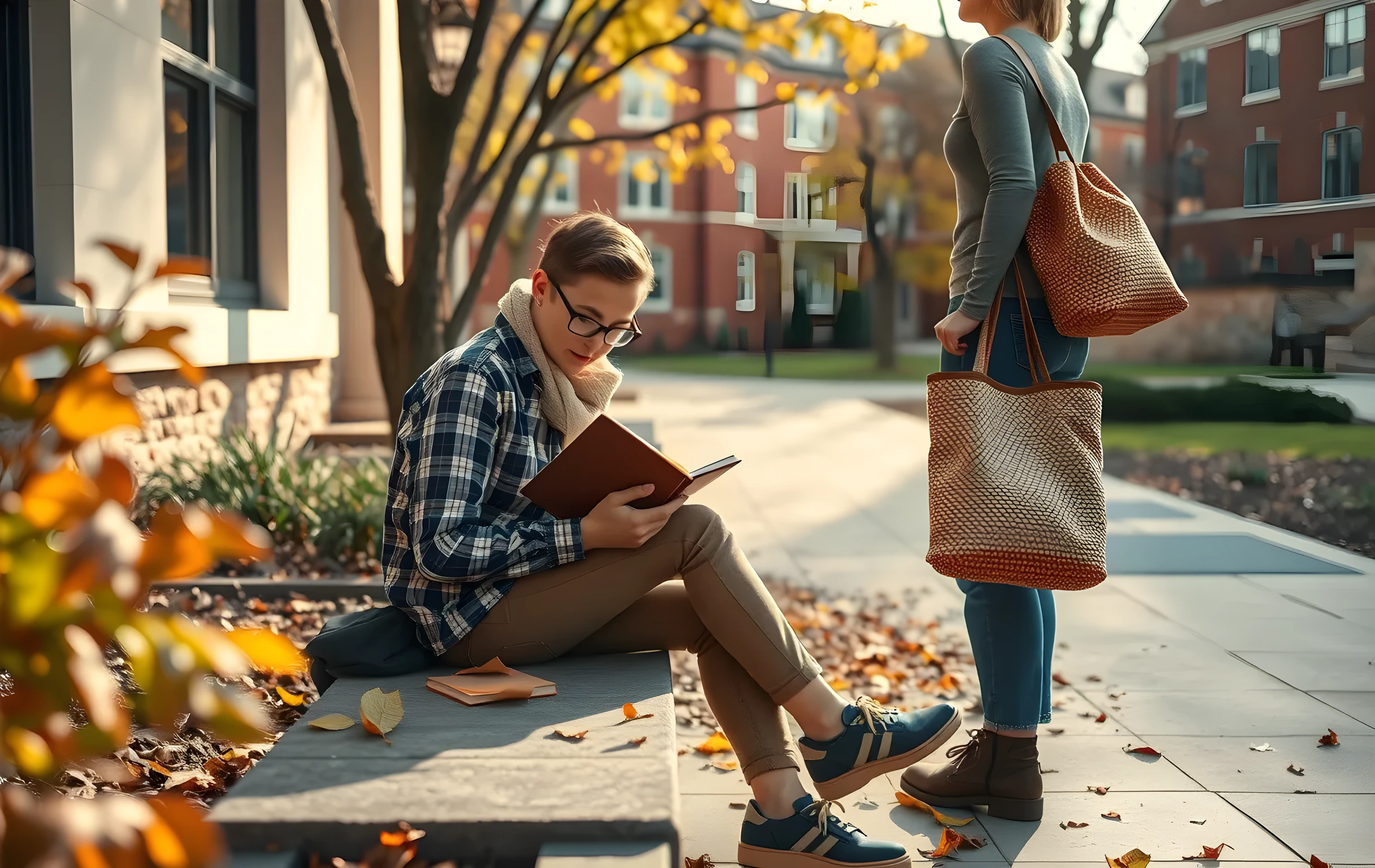 A sunlit college courtyard in autumn, with a student sitting on a stone bench reading a leather journal while a parent stands nearby holding a woven tote bag. The scene captures a quiet moment of preparation, with fallen leaves and distant brick buildings framing the space
