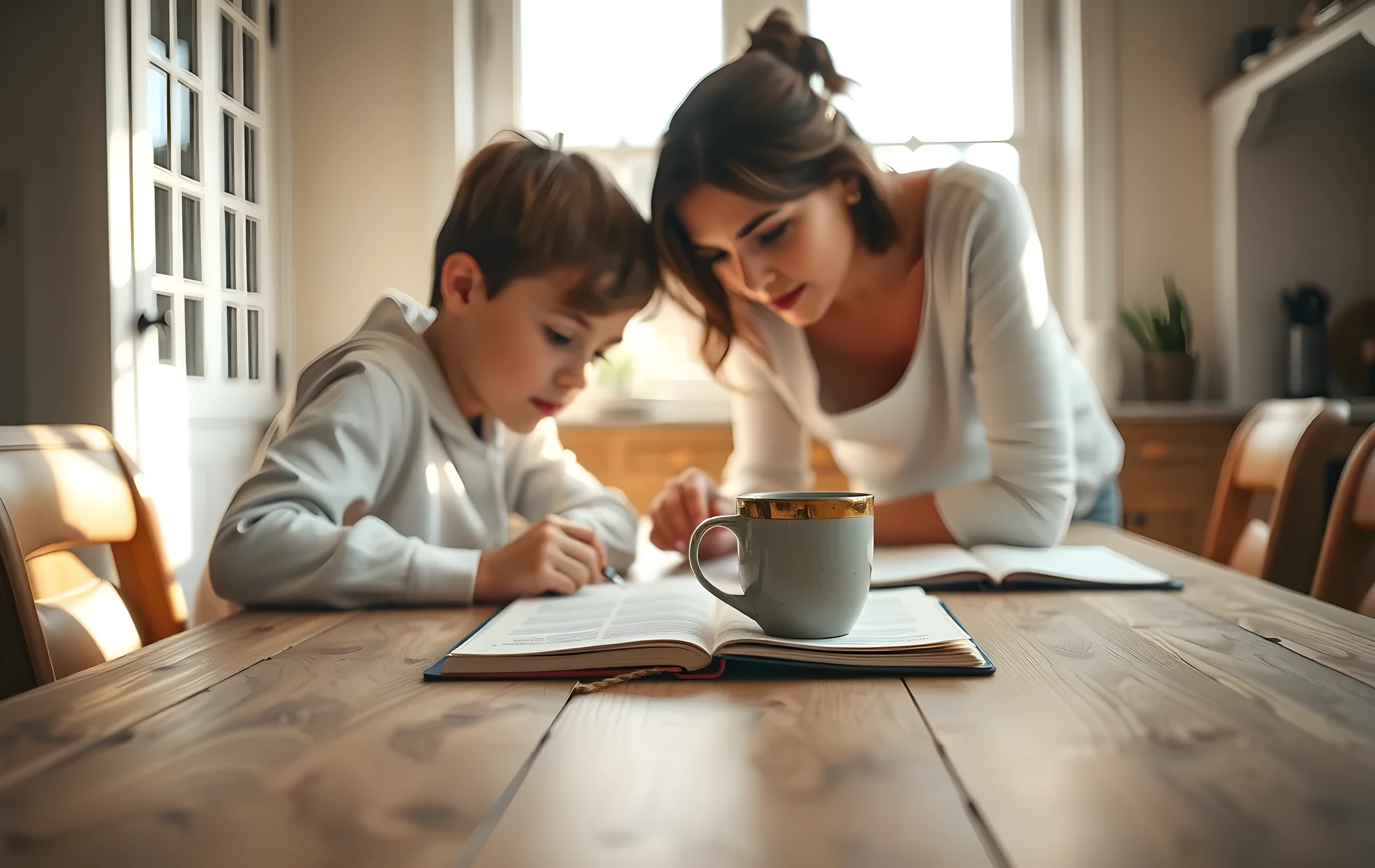 A cozy kitchen table bathed in morning light, where a student and parent lean over a wooden surface arranging a brass bookmark and a ceramic mug. The focus rests on their relaxed posture and the warm textures of the table, with soft natural light highlighting their shared planning process