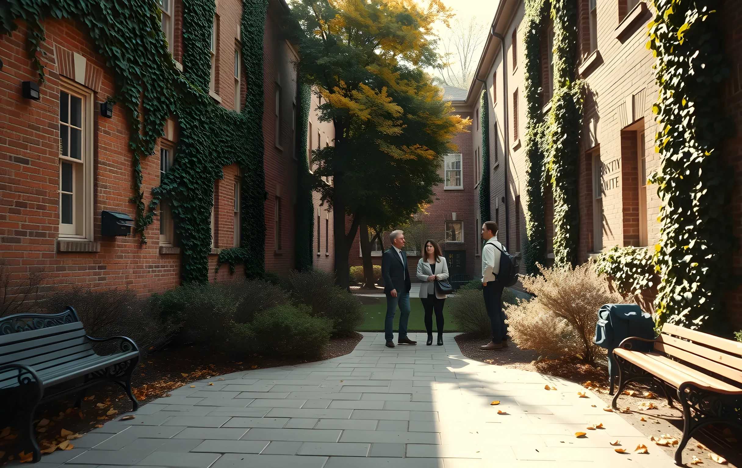 A sunlit campus courtyard surrounded by ivy-covered brick buildings, where a group of three students and a faculty member stand in mid-distance conversing along a stone pathway, with autumn leaves scattered on the ground and a wooden bench nearby