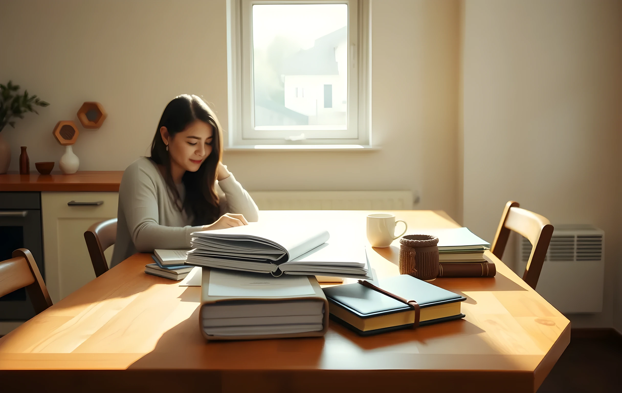A cozy kitchen table bathed in warm afternoon light, where a mother and teenage student sit at a medium distance sorting through a stack of college planning folders and leather-bound journals, with a ceramic mug and a window frame visible in the background
