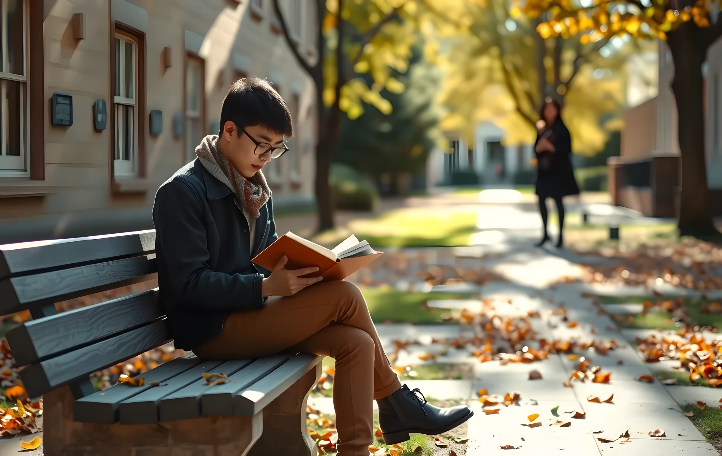 A sunlit campus courtyard in early autumn where a student sits on a stone bench reading a leather journal, with a professor standing nearby holding a stack of books, viewed from a medium distance among leaf-dusted pathways