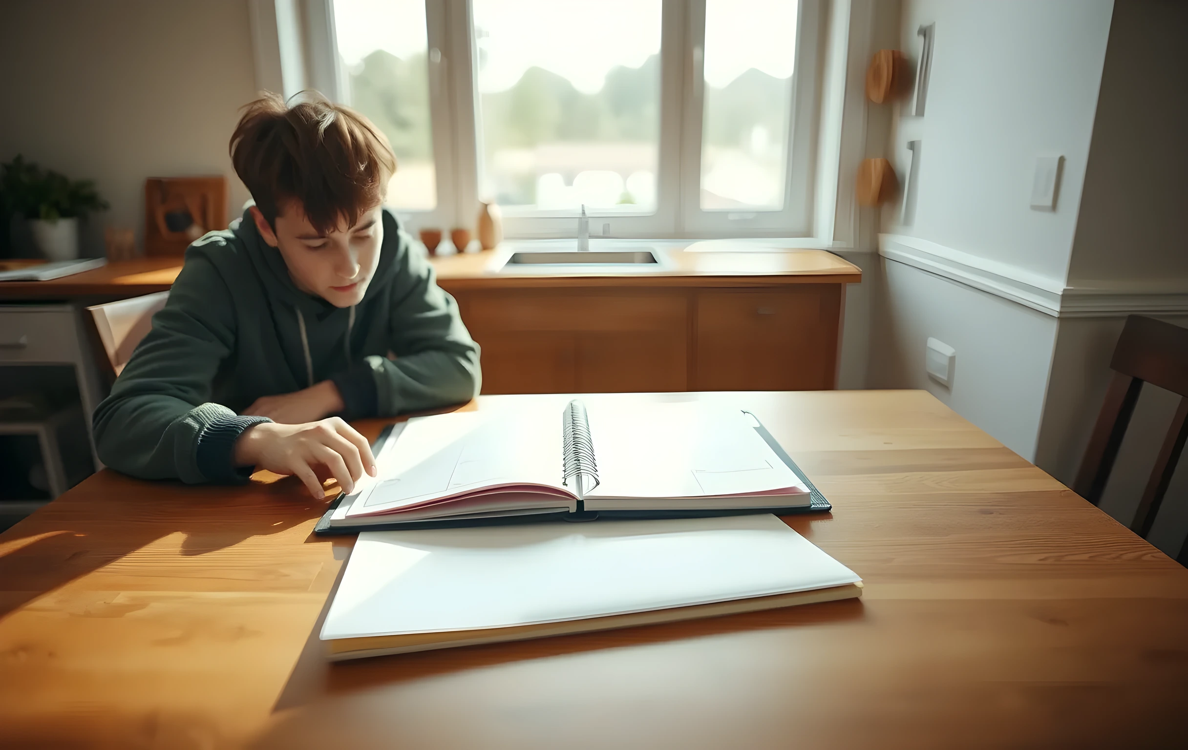 A quiet kitchen table in the late afternoon where a teenager and a parent lean over a large open planner and a single sealed envelope, the warm light catching the edges of the paper, captured from a slightly closer angle that emphasizes the focused interaction without showing faces