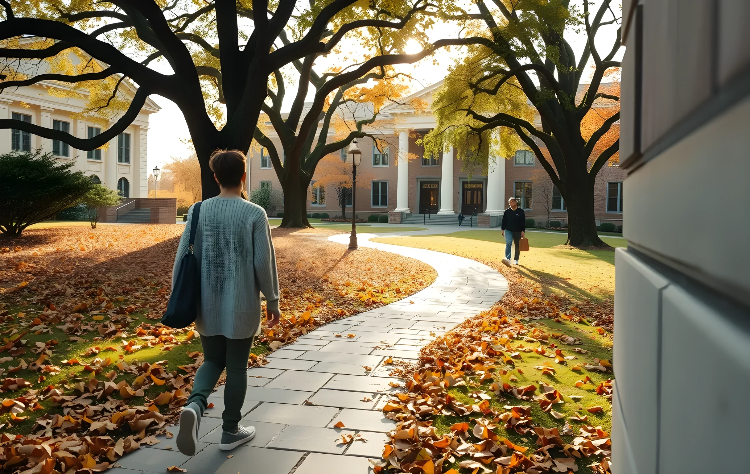 A sunlit campus courtyard in early autumn, where a student in a comfortable sweater walks along a winding stone path bordered by fallen leaves and mature oak trees, with a historic library building visible in the soft background