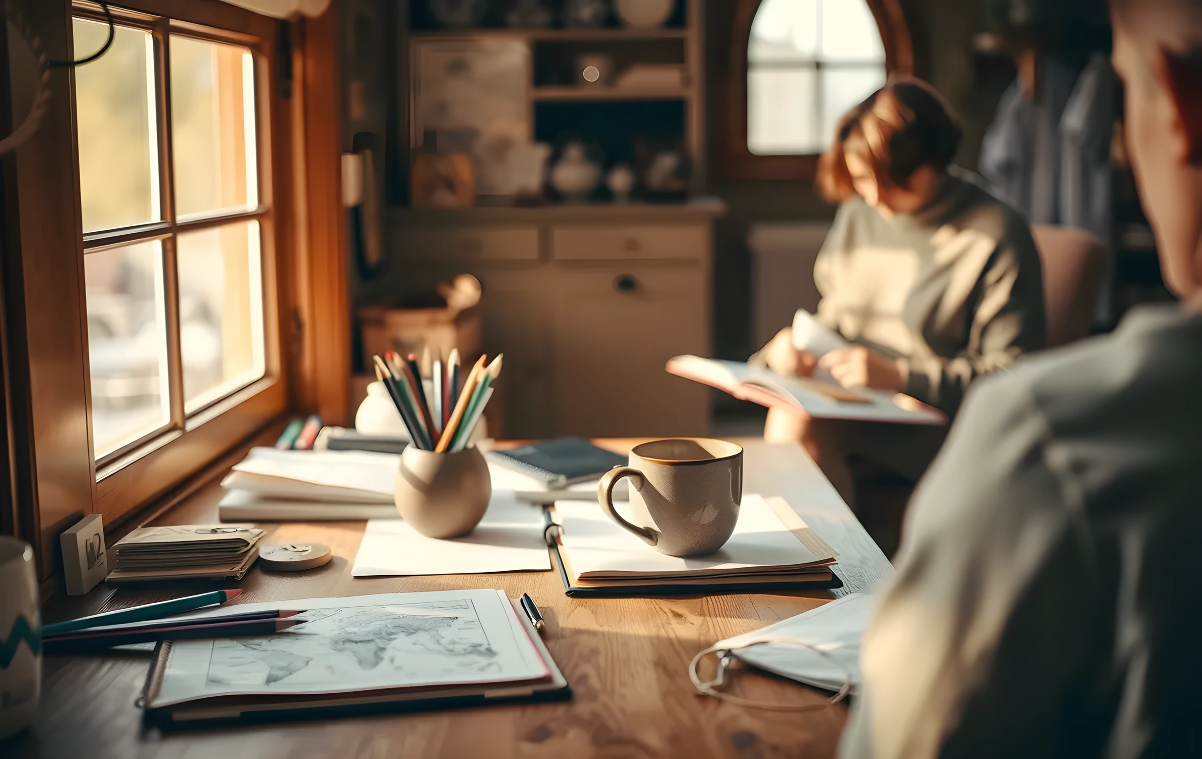 A cozy home study nook bathed in warm afternoon light, featuring a wooden desk cluttered with open sketchbooks, colored pencils, and a steaming ceramic mug, with a parent sitting nearby at a medium distance organizing a small stack of folded maps