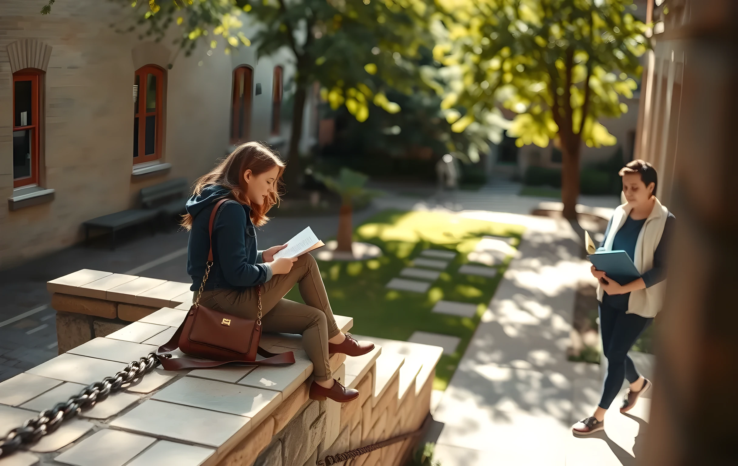 A sunlit university courtyard with stone pathways and leafy trees, where a student sits on a low wall reading a journal while a parent stands nearby holding a folder, both at a comfortable distance, warm afternoon light casting soft shadows