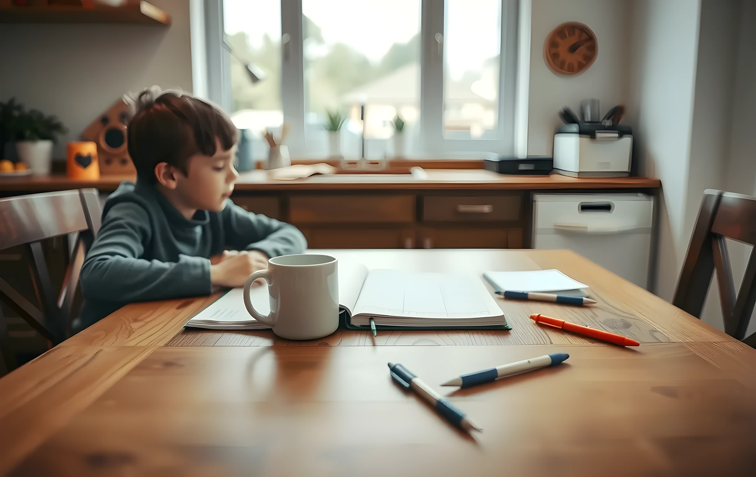 A cozy kitchen table with a wooden surface, where a student and parent sit side by side reviewing a planning notebook, with a ceramic mug and scattered pens visible, captured from a medium distance that emphasizes their shared focus without showing faces or close-ups