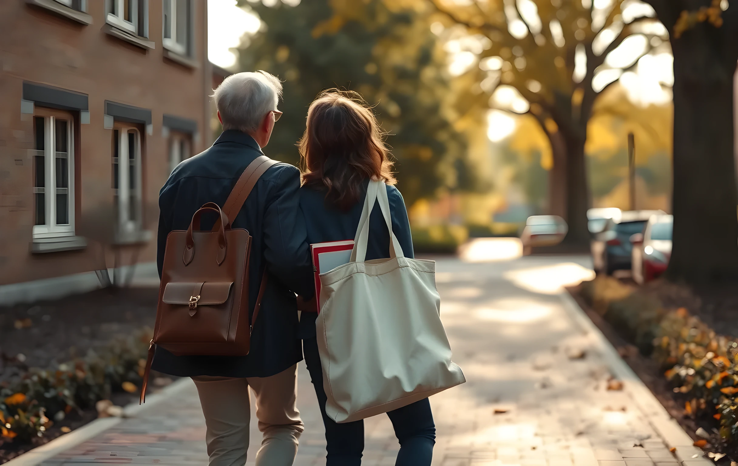 A wide courtyard scene on a quiet autumn morning where a parent and high school student walk side by side along a brick path, both carrying leather-bound journals and canvas tote bags, surrounded by tall oak trees and soft golden light