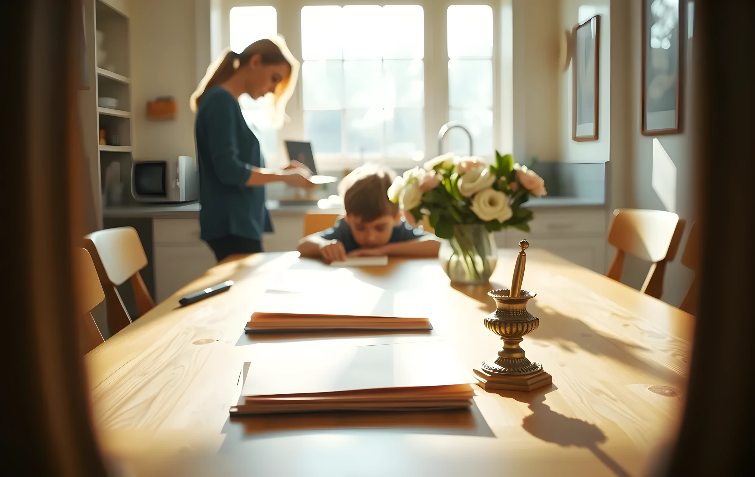 A closer detail scene of a sunlit kitchen table where a student sits slightly back from the foreground, carefully arranging a collection of wax-sealed envelopes and a brass pen holder, while a parent stands nearby placing fresh flowers in a ceramic vase