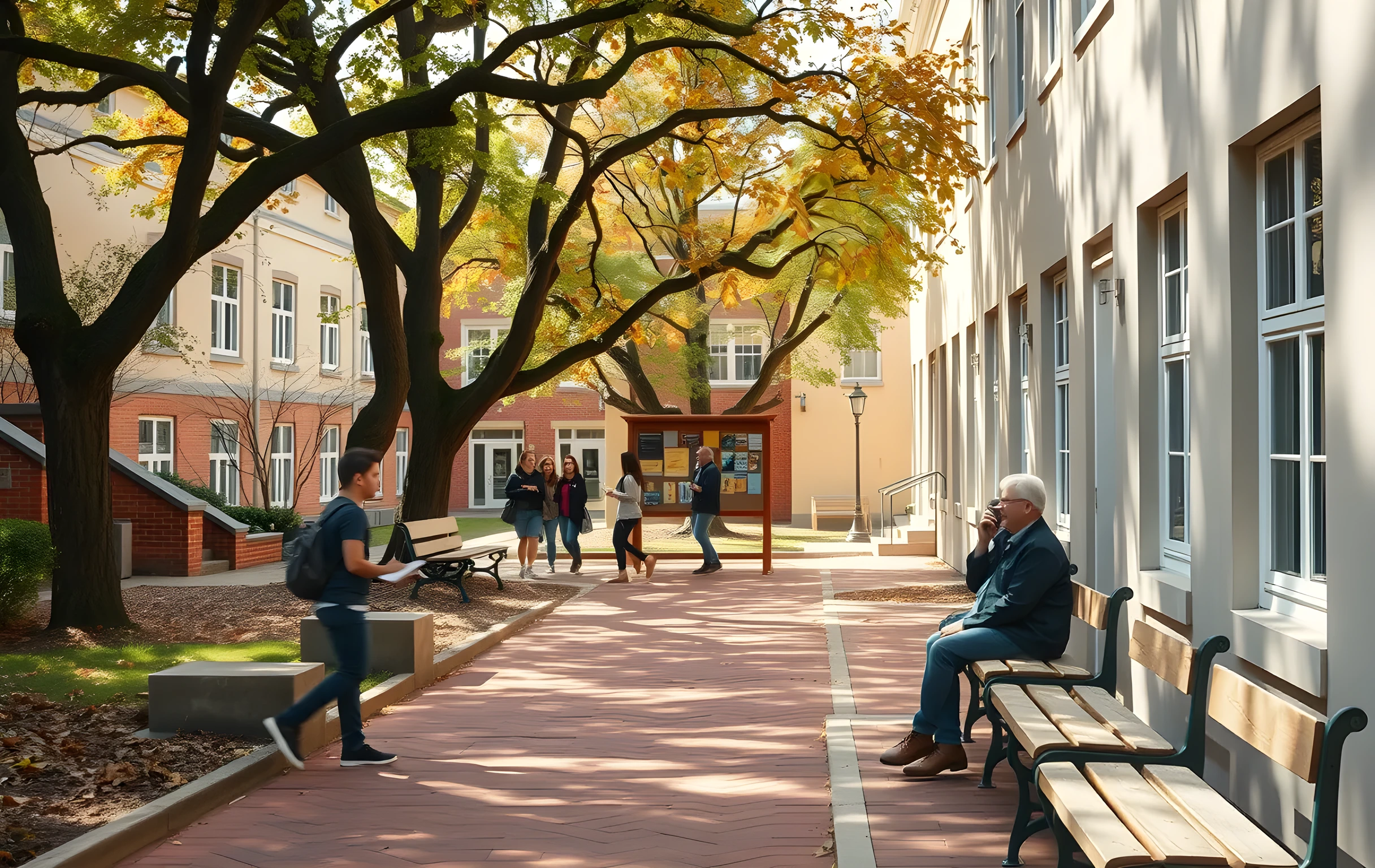A sunlit campus courtyard in early autumn, with a few students walking along a brick path between leafy oak trees and weathered stone benches. In the middle distance, a small group gathers near a wooden community notice board, sharing books and laughing, while a parent sits on a nearby bench watching with a gentle smile. The scene feels spacious, calm, and grounded in everyday campus life
